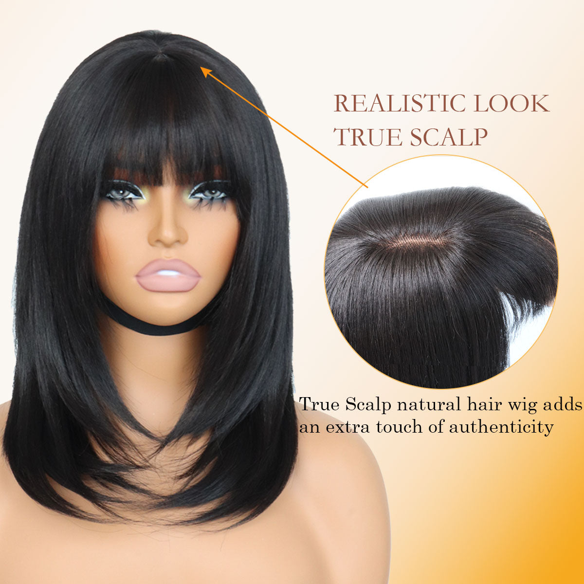 Glueless Synthetic Layered Cut 5x4 Lace Front Yaki Straight Bob Wig with Bangs Wear and Go Short Bob Wigs True Scalp Tiny Knots,More Fluffy