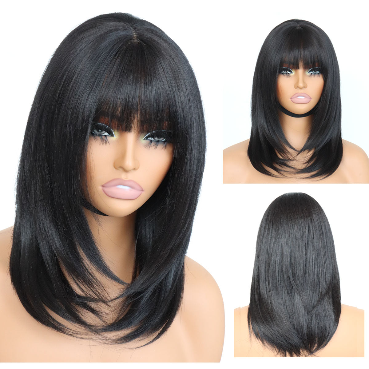 Glueless Synthetic Layered Cut 5x4 Lace Front Yaki Straight Bob Wig with Bangs Wear and Go Short Bob Wigs True Scalp Tiny Knots,More Fluffy