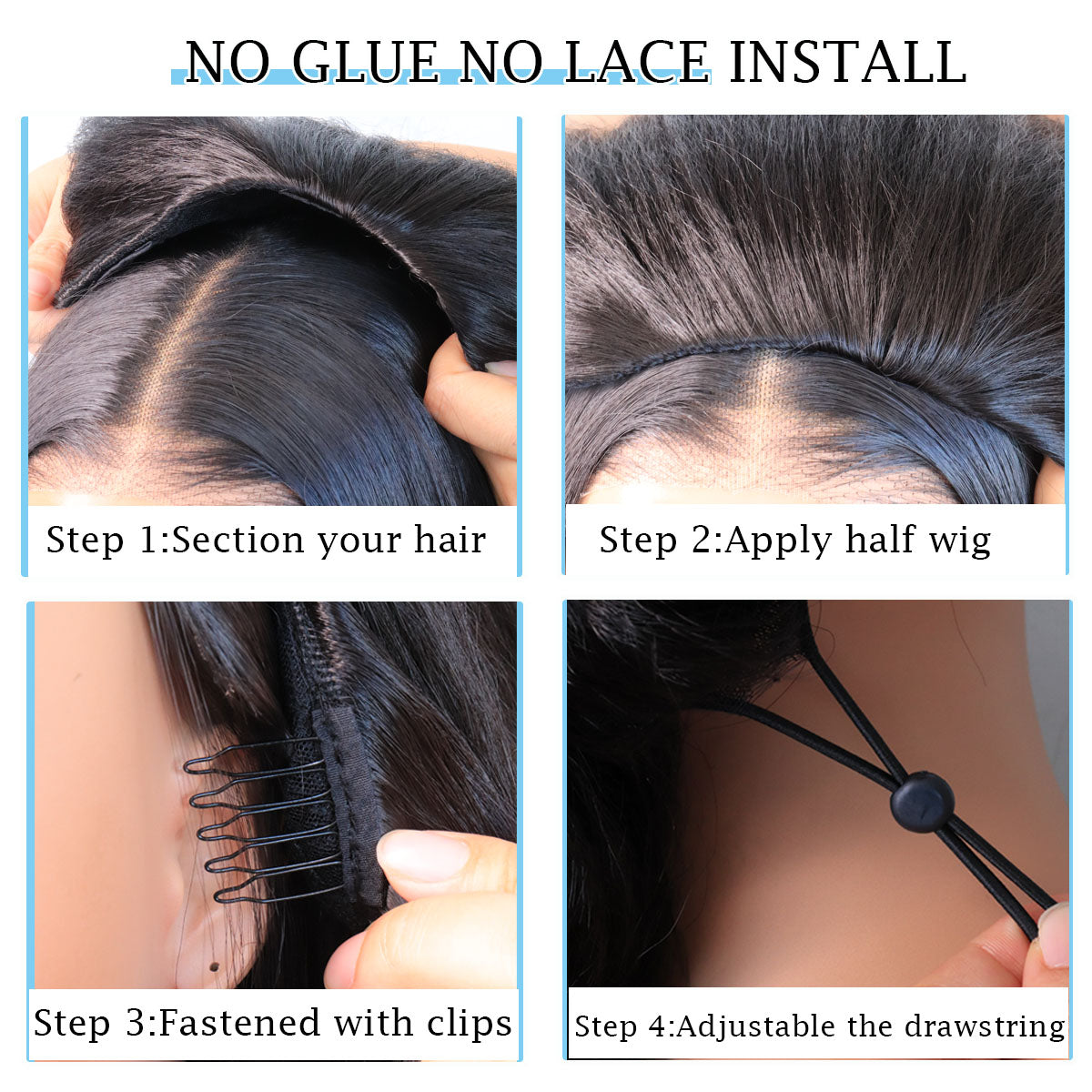 3 In 1 Kinky Straight Half Wig Wear Go Glueless Synthetic Wigs With Drawstring Invisible Hairline No lace Quick Install Beginners Friendly