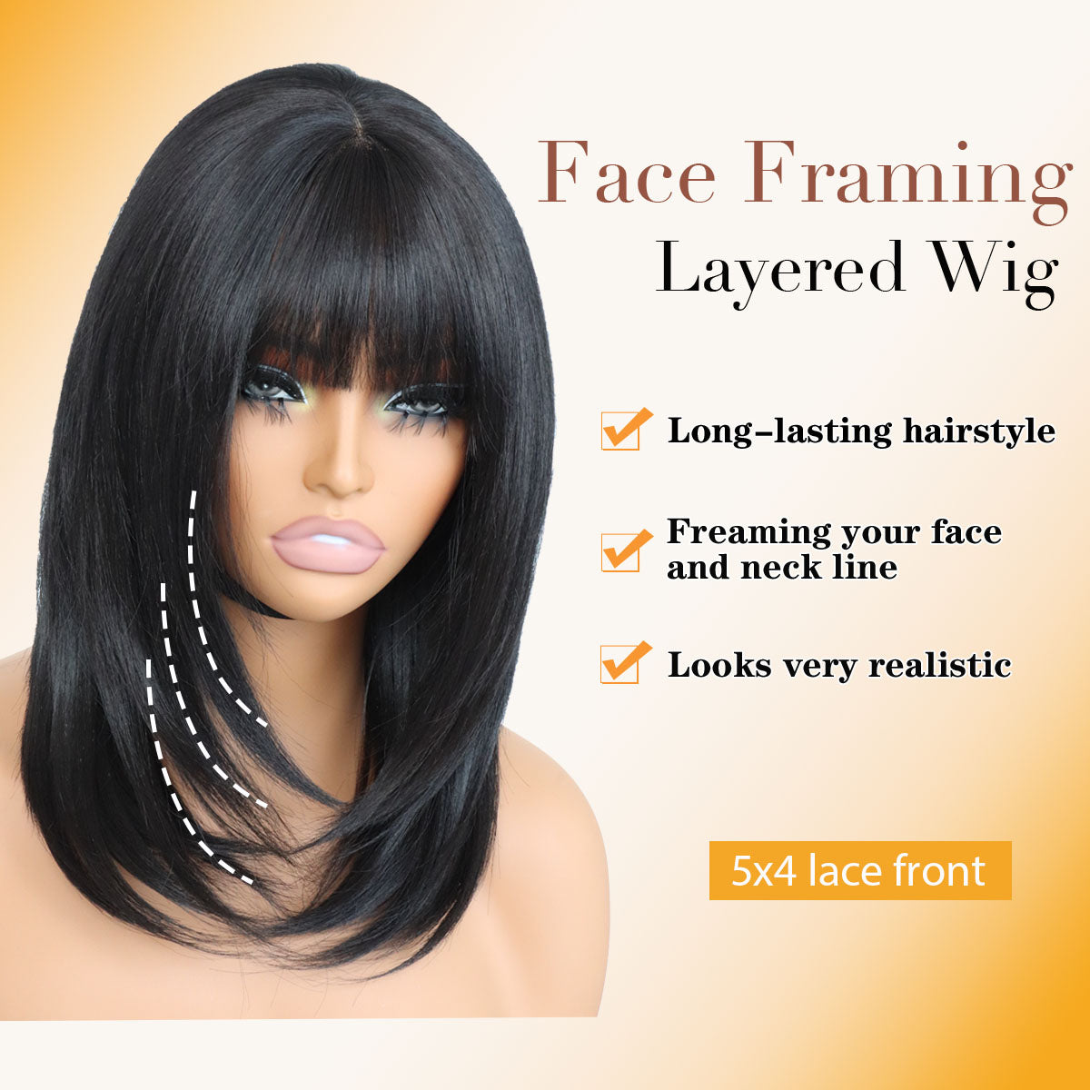 Glueless Synthetic Layered Cut 5x4 Lace Front Yaki Straight Bob Wig with Bangs Wear and Go Short Bob Wigs True Scalp Tiny Knots,More Fluffy
