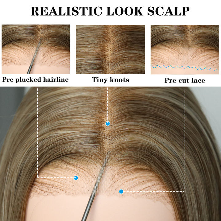 Glueless Synthetic layered cut 9x7 Brown&Blonde Highlight Lace Front Wig Premium Human-Hair-Like Fiber
