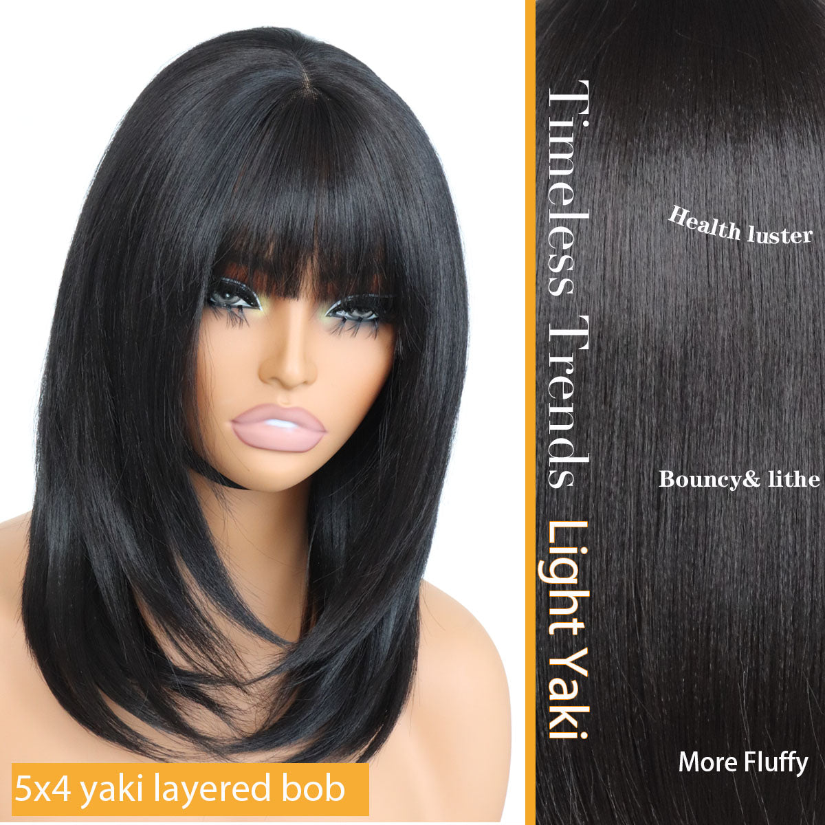Glueless Synthetic Layered Cut 5x4 Lace Front Yaki Straight Bob Wig with Bangs Wear and Go Short Bob Wigs True Scalp Tiny Knots,More Fluffy