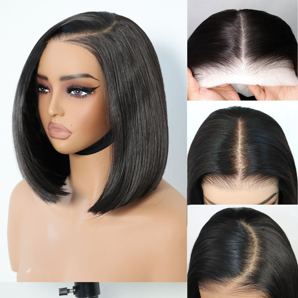 9x7 Glueless Synthetic Wear and Go Glueless Bob Wig High Density, Bone Straight Wigs ,Double Drawn Premium Human-Hair-Like Fiber Wig Vivid Self Growing Clean Hairline with Tiny Knots