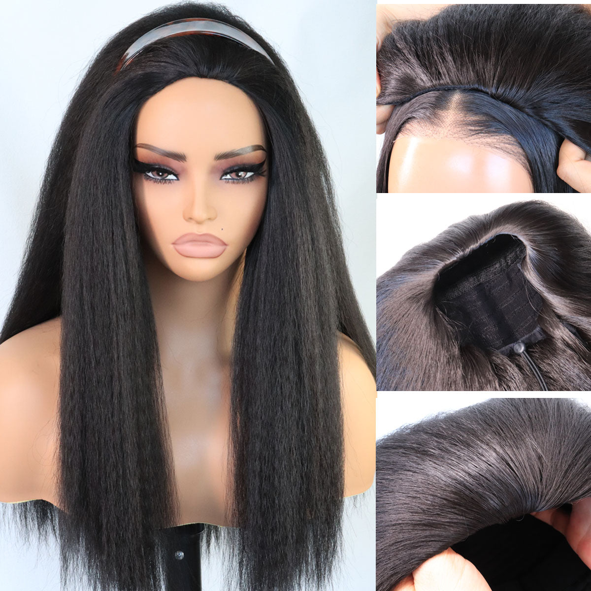 3 In 1 Kinky Straight Half Wig Wear Go Glueless Synthetic Wigs With Drawstring Invisible Hairline No lace Quick Install Beginners Friendly