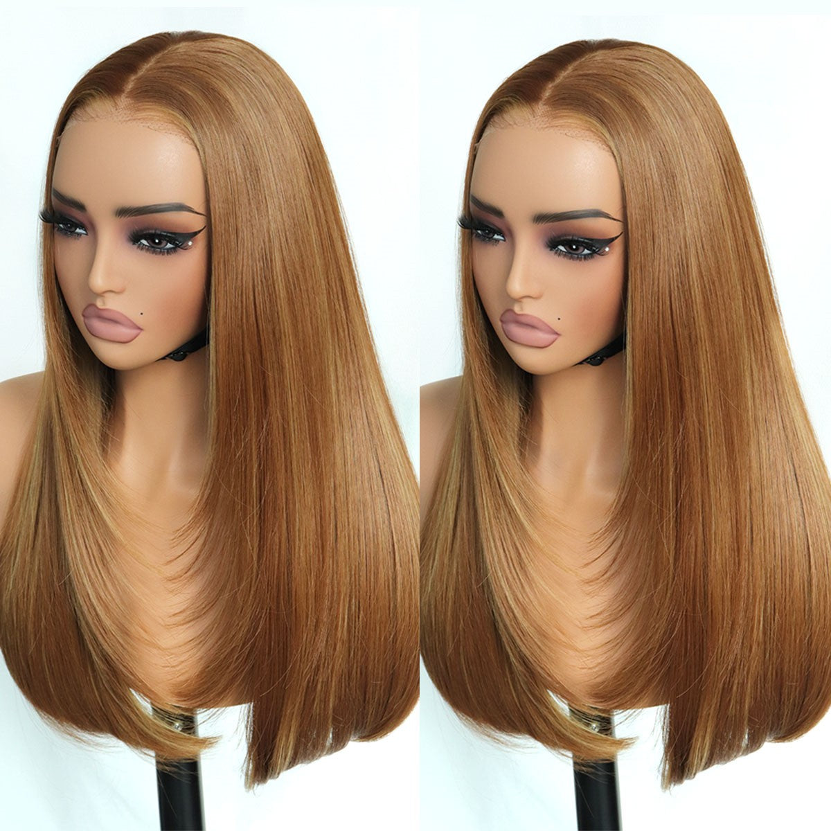 Honey Blonde Highlight Lace Wig Long Straight Layered Wig Pre Cut Glueless 9x7Lace Front Wig , Upgraded Premium Human-Hair-Like Fiber