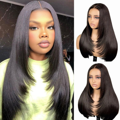 Wear and Go Human Hair Blend Fiber Glueless 6x4 Lace Front Wig Straight Layered Wig Natural Hairline