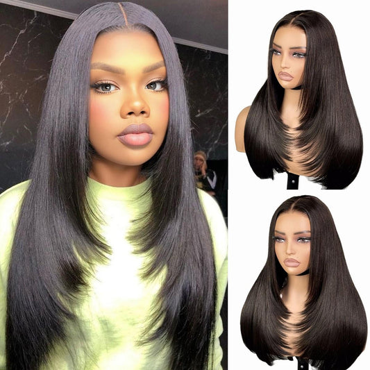 Wear and Go Human Hair Blend Fiber Glueless 6x4 Lace Front Wig Straight Layered Wig Natural Hairline