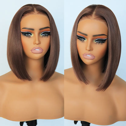 Synthetic Wear&Go 9x7 Glueless Short Bob Straight Layered Cut Lace Front Straight Chocolate Brown Wig Premium Human-Hair-Like Fiber