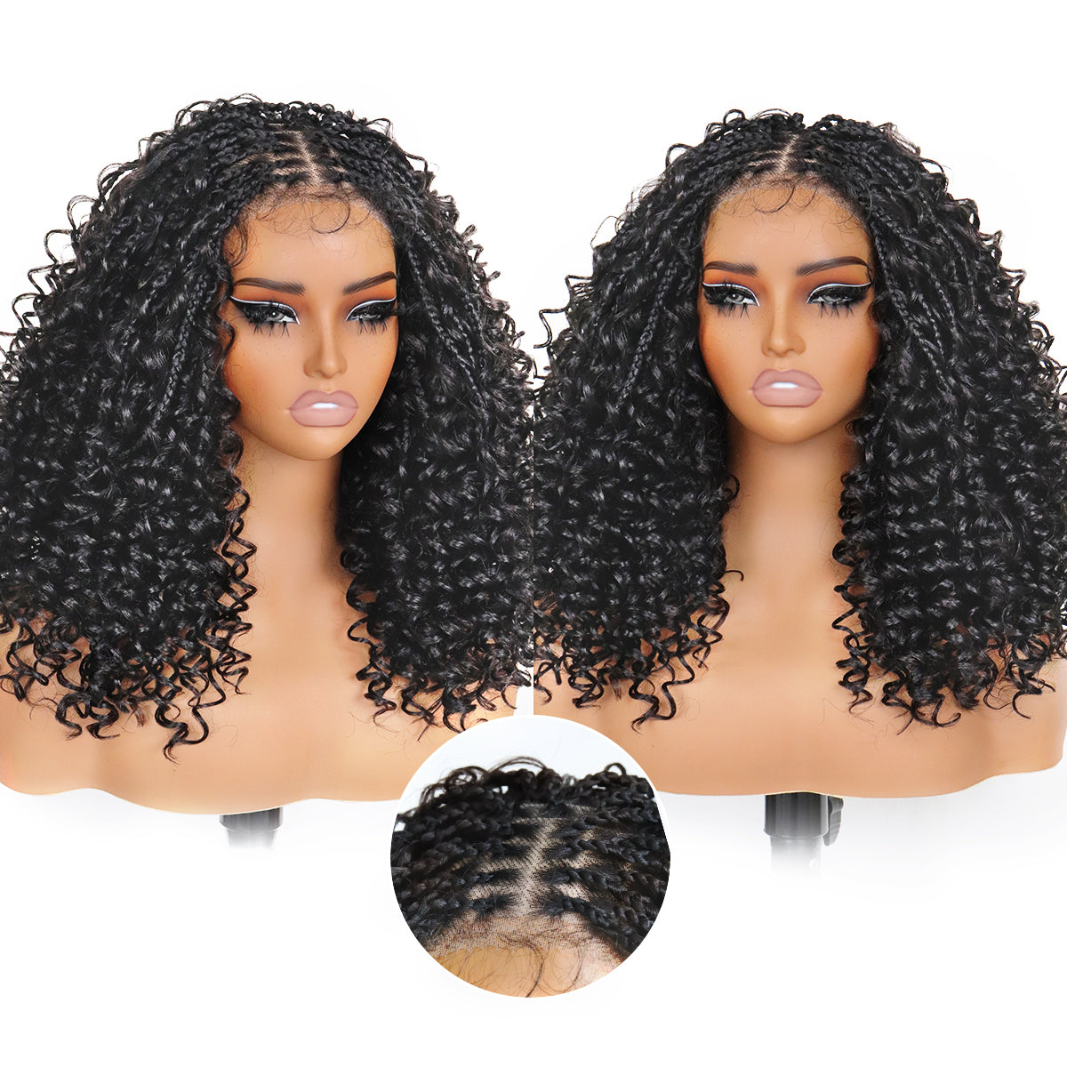 Black Braided Curly Wig for Women 13×4.5 HD Lace Frontal Synthetic Wigs with Fluffy Knotless Hair Natural Looking Hand-Braided Wig with Seamless Natural Parting for Daily Use