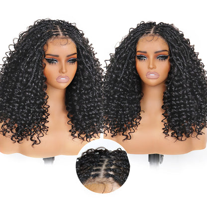 Black Braided Curly Wig for Women 13×4.5 HD Lace Frontal Synthetic Wigs with Fluffy Knotless Hair Natural Looking Hand-Braided Wig with Seamless Natural Parting for Daily Use