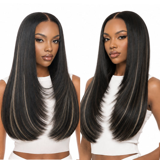 Black with Blonde Highlight 9x7 Lace Wig Long Straight Layered Wig Premium Human-Hair-Like Fiber