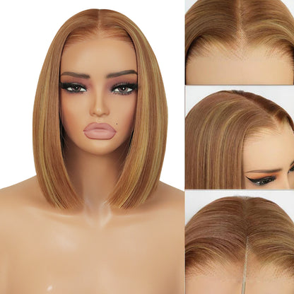 Wear and Go Glueless 9x7 Lace Front Omber Highlight Bob Wig Synthetic Straight Wigs Double Drawn