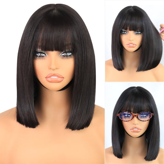 Glueless 5x4 Lace Front Synthetic Yaki Straight Bob Wig with Bangs Wear and Go short Blunt Cut Bob Wig
