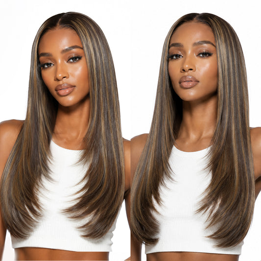 Wear And Go Synthetic Layered Cut 9x7 Lace Front 8/27 Honey Brown Wig Glueless Premium Fiber