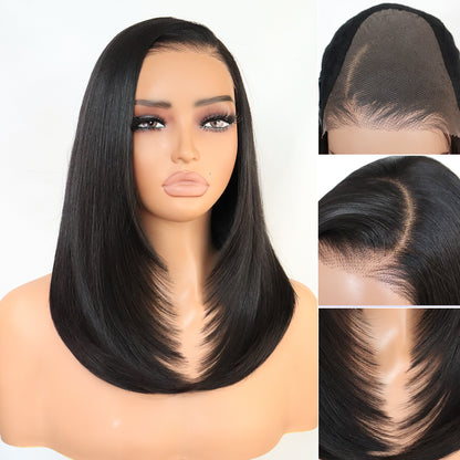 U&A Hair Synthetic 9x7 Glueless C-Part Layered Short Wig 14 Inch，Wear and Go Lace Front Straight Wig Pre Plucked Pre Cut Natural Hairline with Tiny Knots