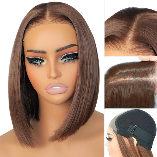 Wear and Go Glueless 9x7 Lace Front Synthetic Straight  Chocolate Brown Wigs Double Drawn Bob Wig