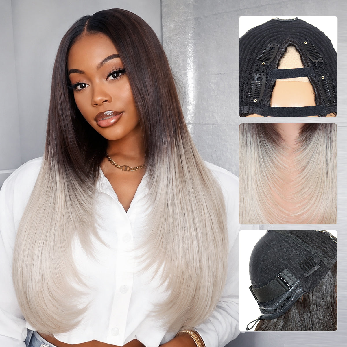 Yaki Straight V Part Layered Wig 250% Density Glueless No Leave Out Synthetic Hair Wig 22 Inch Beginner Friendly T4/Ash Blonde