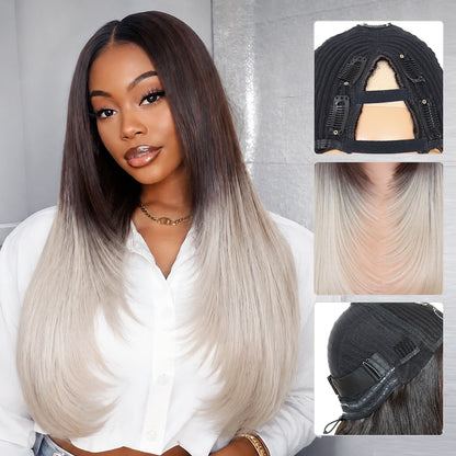 Yaki Straight V Part Layered Wig 250% Density Glueless No Leave Out Synthetic Hair Wig 22 Inch Beginner Friendly T4/Ash Blonde