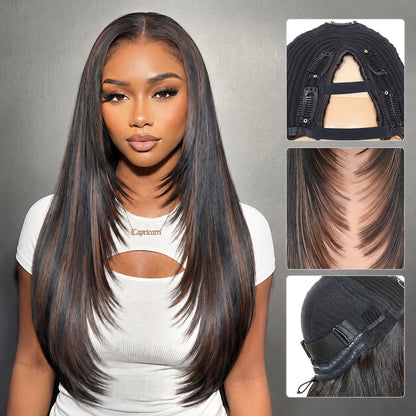 Yaki Straight V Part Layered Wig 250% Density Glueless No Leave Out Synthetic Hair Wig 22 Inch Beginner FriendlyHighlight 2/30