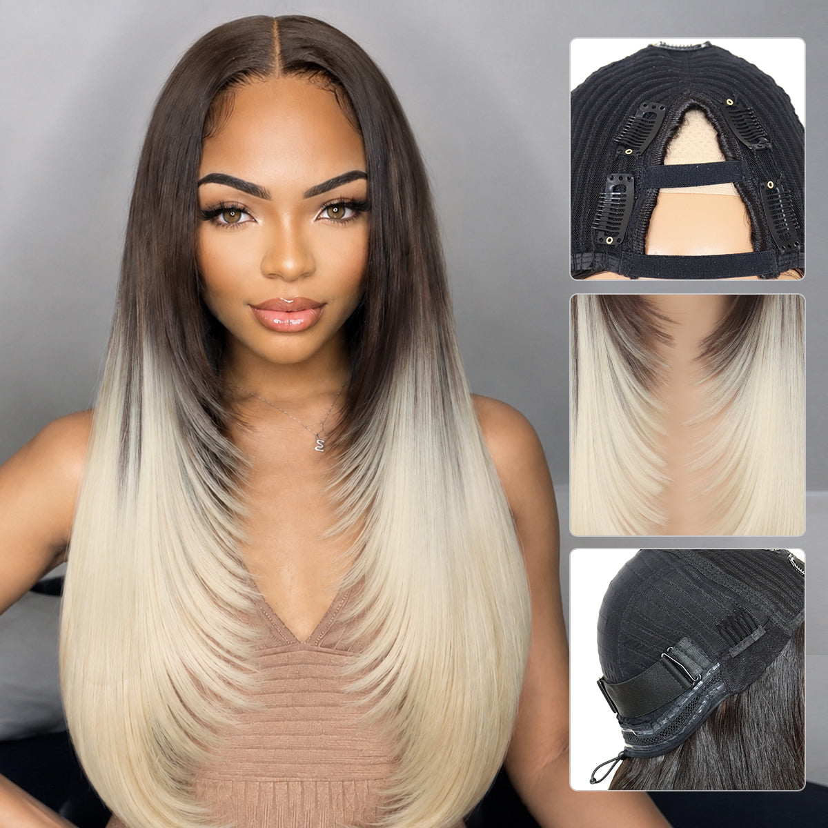 Yaki Straight V Part Layered Wig 250% Density Glueless No Leave Out Synthetic Hair Wig 22 Inch Beginner Friendly T4/60 Brown Platinum