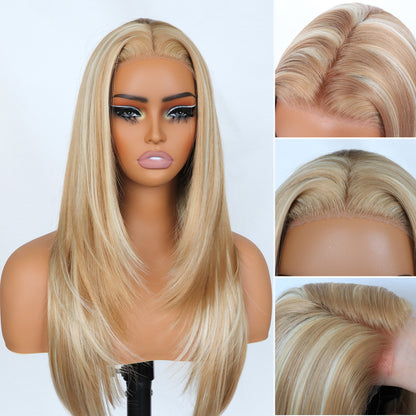 Mix Blonde Synthetic layered cut Lace Front  Glueless Wig Wear And Go Pre Plucked Pre Cut Straight Wig Tiny Knots Premium Fiber