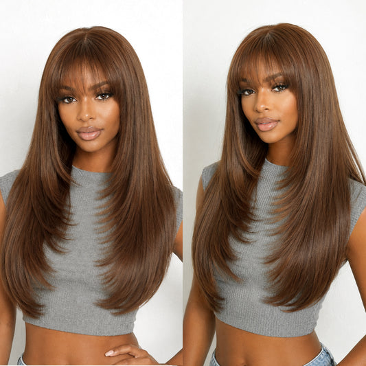 Human Hair Blend Fiber Wig light Brown Glueless Straight Layered Wigs with Bangs Wear and Go 6x4 Lace Front Wig