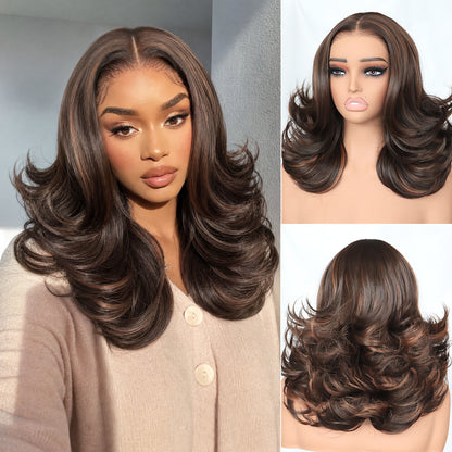 U&A Hair Wavy Layered Wig Blowout Style C- Part ,260% Density 9x7 Lace Front Synthetic Wear and Go Pre Cut Pre Plucked Glueless Wigs 18Inch Natural Looking Hair for Women Daily Party Use Beginner friendly