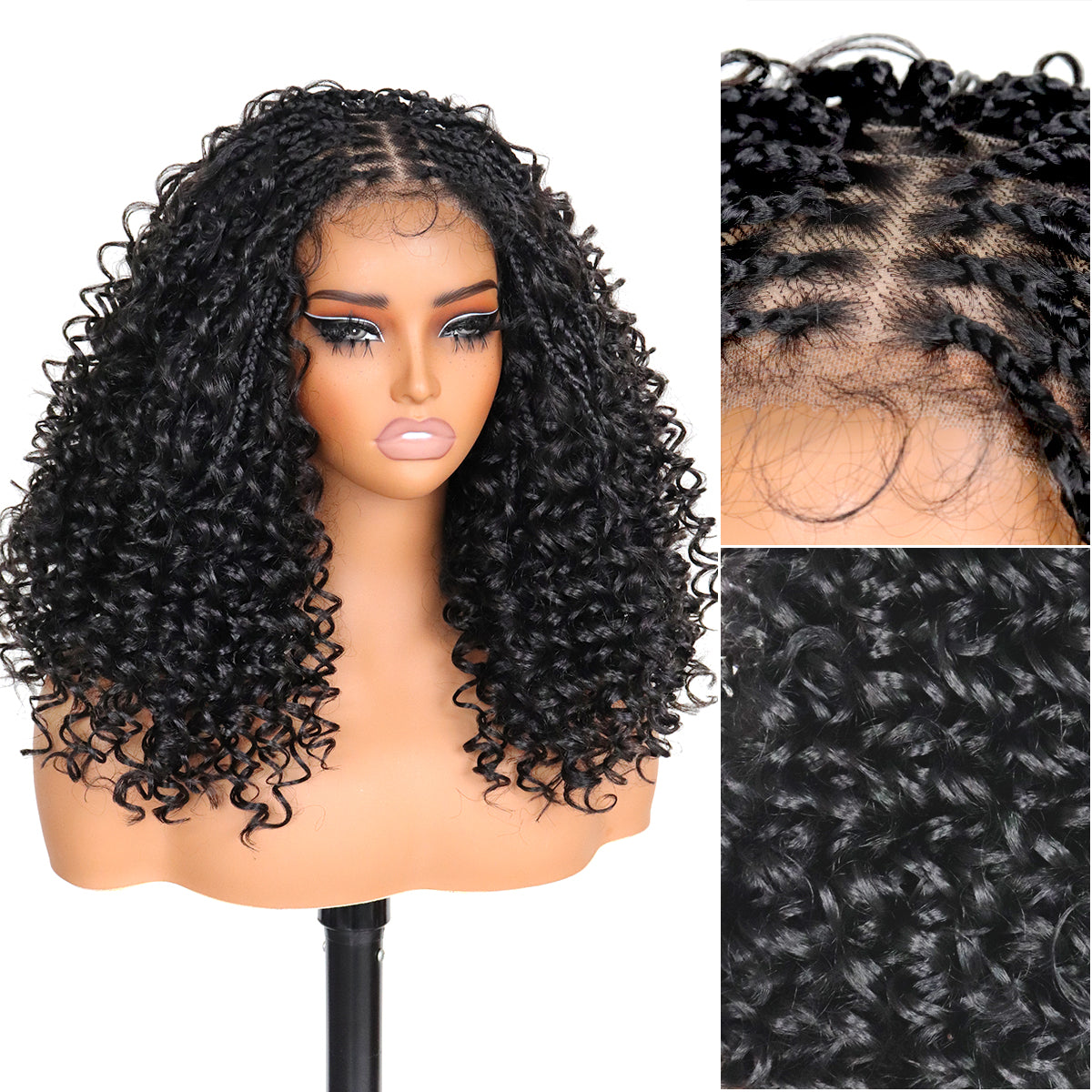 Black Braided Curly Wig for Women 13×4.5 HD Lace Frontal Synthetic Wigs with Fluffy Knotless Hair Natural Looking Hand-Braided Wig with Seamless Natural Parting for Daily Use