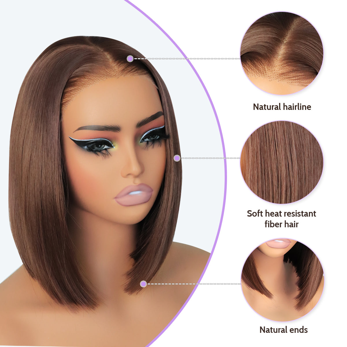 Wear and Go Glueless 9x7 Lace Front Synthetic Straight  Chocolate Brown Wigs Double Drawn Bob Wig