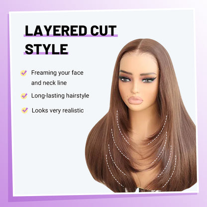 Glueless Synthetic layered cut 9x7 Lace Front Wig Chocolate Brown Wear And Go Premium Human-Hair-Like Fiber