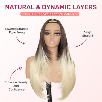 Yaki Straight V Part Layered Wig 250% Density Glueless No Leave Out Synthetic Hair Wig 22 Inch Beginner Friendly T4/60 Brown Platinum