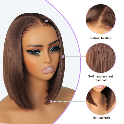 Synthetic Wear&Go 9x7 Glueless Short Bob Straight Layered Cut Lace Front Straight Chocolate Brown Wig Premium Human-Hair-Like Fiber