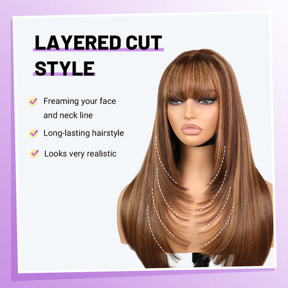 Human Hair Blend Wig Glueless Straight Layered Highlight Wigs with Bangs Wear&Go 6x4 Lace Front Wig