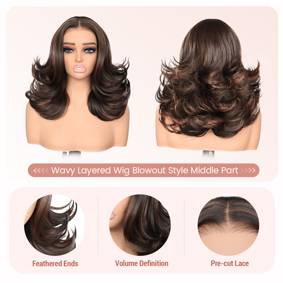 U&A Hair Wavy Layered Wig Blowout Style C- Part ,260% Density 9x7 Lace Front Synthetic Wear and Go Pre Cut Pre Plucked Glueless Wigs 18Inch Natural Looking Hair for Women Daily Party Use Beginner friendly
