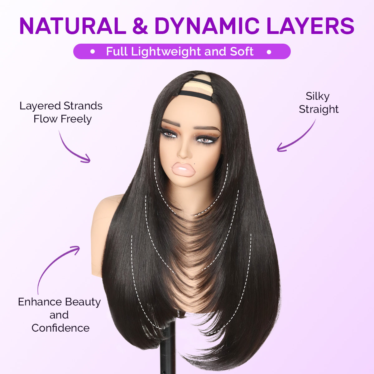 Yaki Straight V Part Layered Wig 250% Density Glueless No Leave Out Synthetic Hair Wig 22 Inch Beginner Friendly Natural Black