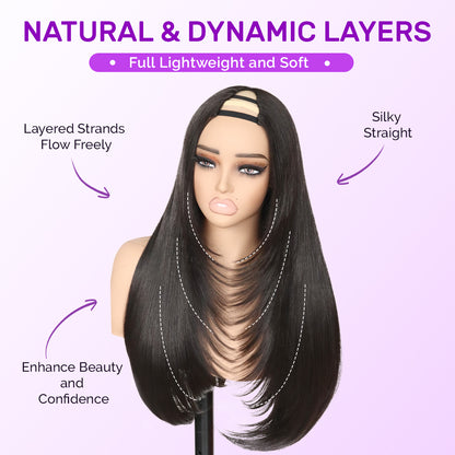 Yaki Straight V Part Layered Wig 250% Density Glueless No Leave Out Synthetic Hair Wig 22 Inch Beginner Friendly Natural Black