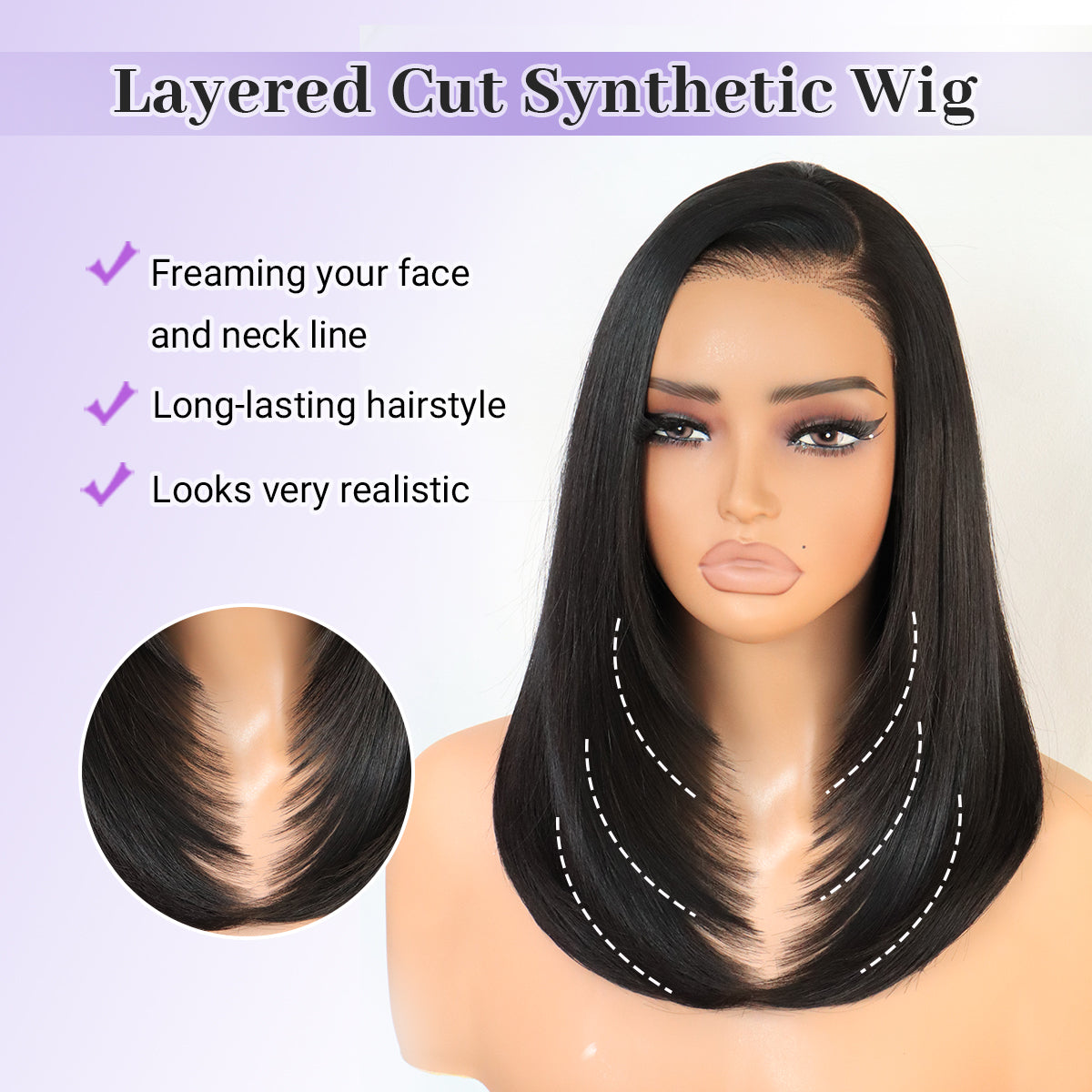 U&A Hair Synthetic 9x7 Glueless C-Part Layered Short Wig 14 Inch，Wear and Go Lace Front Straight Wig Pre Plucked Pre Cut Natural Hairline with Tiny Knots