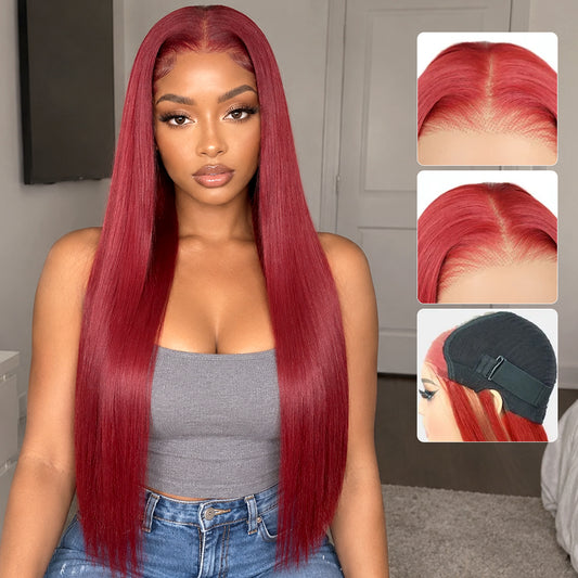 U&A 9x7 Lace Front Straight Wig Red Premium Human Hair-Like Fiber Glueless Wear and Go Pre-Cut Lace