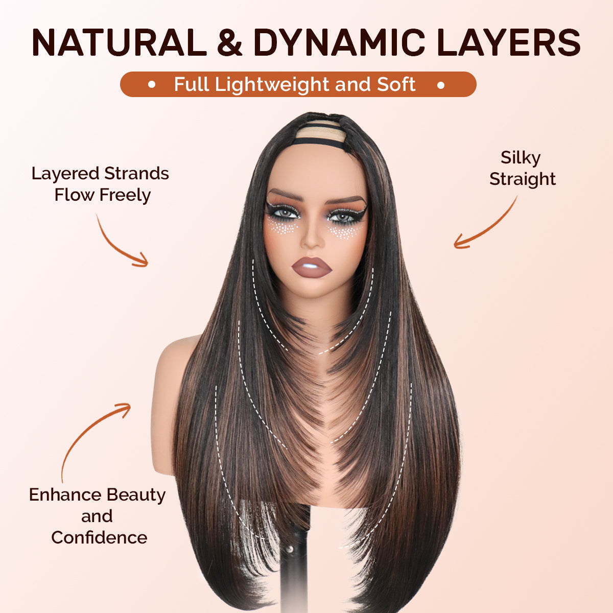 Yaki Straight V Part Layered Wig 250% Density Glueless No Leave Out Synthetic Hair Wig 22 Inch Beginner FriendlyHighlight 2/30