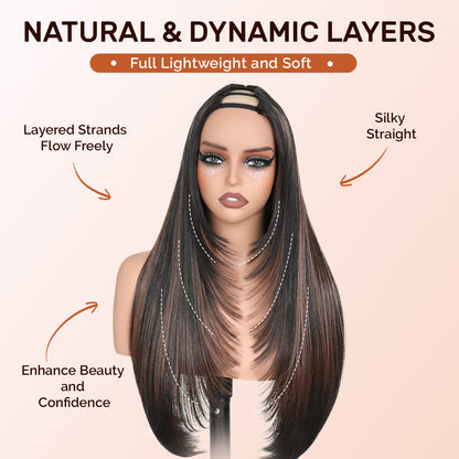Yaki Straight V Part Layered Wig 250% Density Glueless No Leave Out Synthetic Hair Wig 22 Inch Beginner FriendlyHighlight 2/30