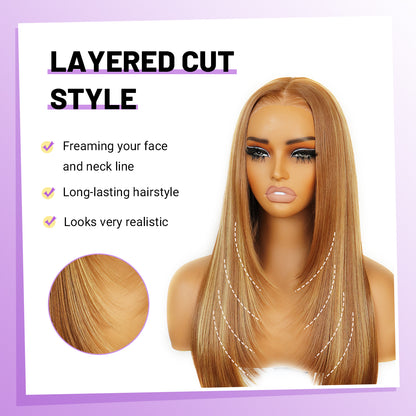 Honey Blonde Highlight 9x7 Lace Wig Long Straight Layered Wig Premium Human-Hair-Like Fiber