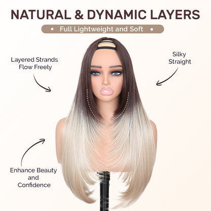 Yaki Straight V Part Layered Wig 250% Density Glueless No Leave Out Synthetic Hair Wig 22 Inch Beginner Friendly T4/Ash Blonde