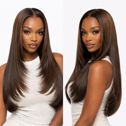 Synthetic layered cut 9x7 Lace Front 8/30 Dark Brown Wig Glueless Wear And Go  Wig  Premium Fiber