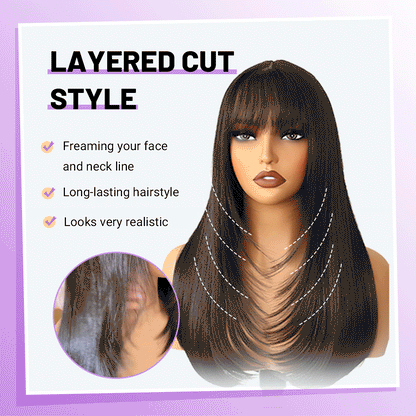 Wear and Go Human Hair Blend Fiber Glueless 6x4 Lace Front Wig - Straight Layered with Bangs