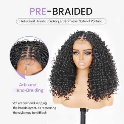 Black Braided Curly Wig for Women 13×4.5 HD Lace Frontal Synthetic Wigs with Fluffy Knotless Hair Natural Looking Hand-Braided Wig with Seamless Natural Parting for Daily Use