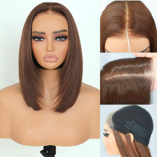 Synthetic Wear&Go 9x7 Glueless Short Bob Straight Layered Cut Lace Front Straight Chocolate Brown Wig Premium Human-Hair-Like Fiber