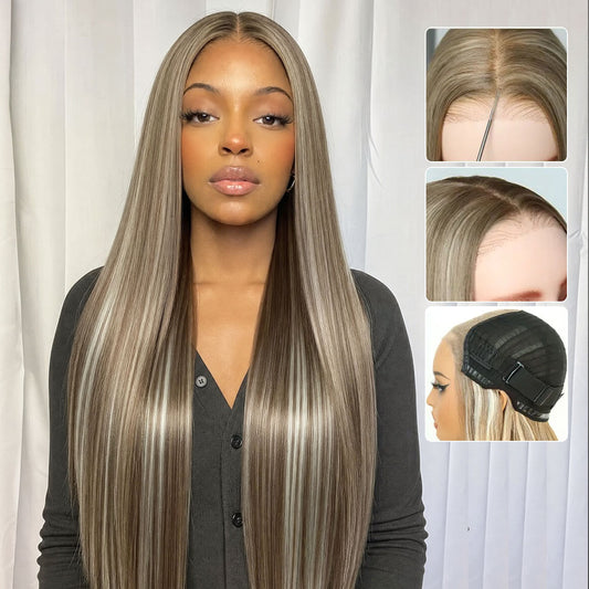 U&A 9x7 Lace Front Straight Wig Blonde Highlight  Premium Human Hair-Like Fiber Glueless