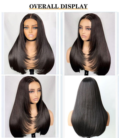 Wear and Go Human Hair Blend Fiber Glueless 6x4 Lace Front Wig Straight Layered Wig Natural Hairline