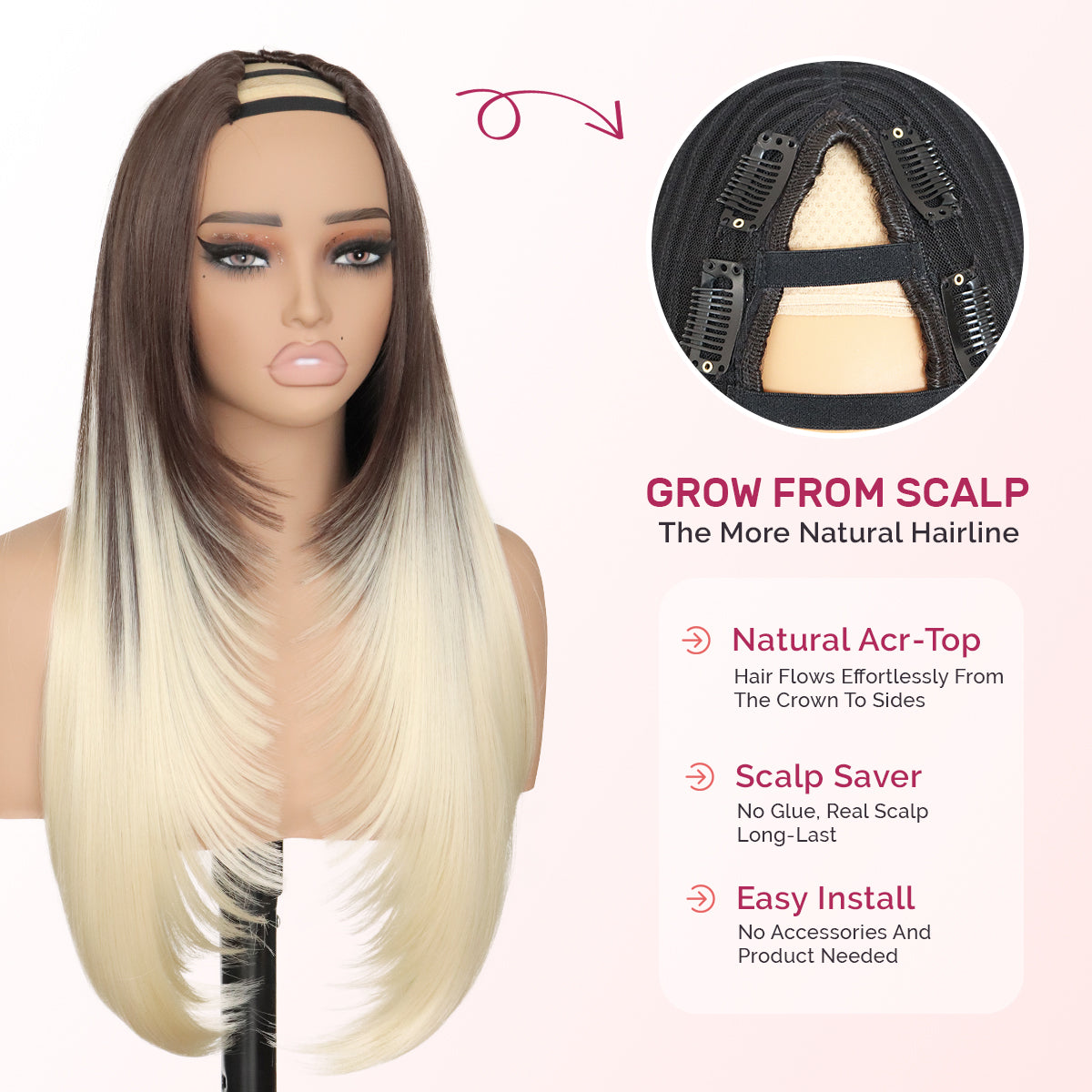 Yaki Straight V Part Layered Wig 250% Density Glueless No Leave Out Synthetic Hair Wig 22 Inch Beginner Friendly T4/60 Brown Platinum