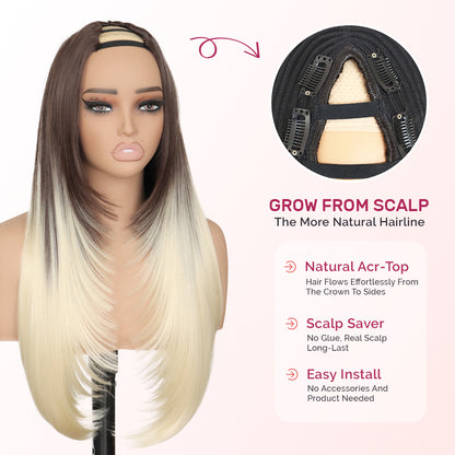 Yaki Straight V Part Layered Wig 250% Density Glueless No Leave Out Synthetic Hair Wig 22 Inch Beginner Friendly T4/60 Brown Platinum